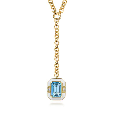 Enamel - 14K Yellow Gold Diamond and Blue Topaz Emerald Cut Y-Layer Necklace With Flower Pattern J-Back and White Enamel