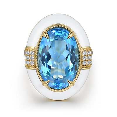 Enamel - 14K Yellow Gold Diamond and Blue Topaz Fashion Ring With White Enamel