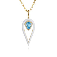 Enamel - 14K Yellow Gold Diamond and Blue Topaz Long Pear Shape Drop Necklace With White Enamel