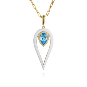 Enamel - 14K Yellow Gold Diamond and Blue Topaz Long Pear Shape Drop Necklace With White Enamel
