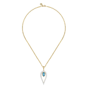 Enamel - 14K Yellow Gold Diamond and Blue Topaz Long Pear Shape Drop Necklace With White Enamel
