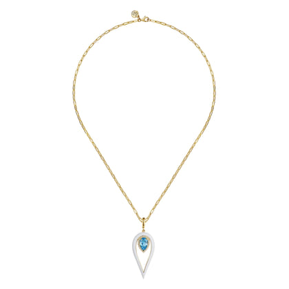 Enamel - 14K Yellow Gold Diamond and Blue Topaz Long Pear Shape Drop Necklace With White Enamel