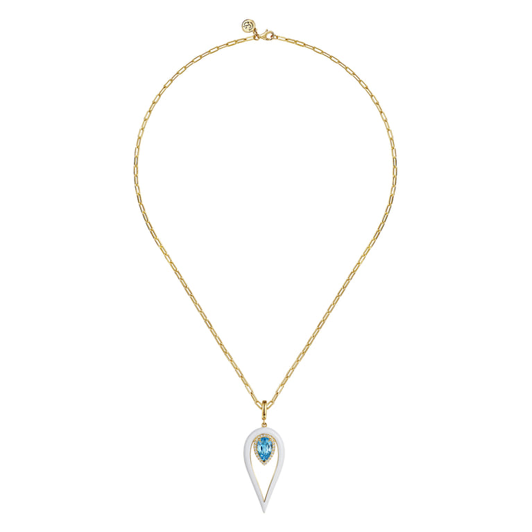 Enamel - 14K Yellow Gold Diamond and Blue Topaz Long Pear Shape Drop Necklace With White Enamel - 0.18 ct - Shot 2