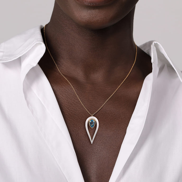 Enamel - 14K Yellow Gold Diamond and Blue Topaz Long Pear Shape Drop Necklace With White Enamel - 0.18 ct - Shot 3