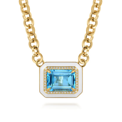 Enamel - 14K Yellow Gold Diamond and Blue Topaz Necklace With Flower Pattern J-Back and White Enamel