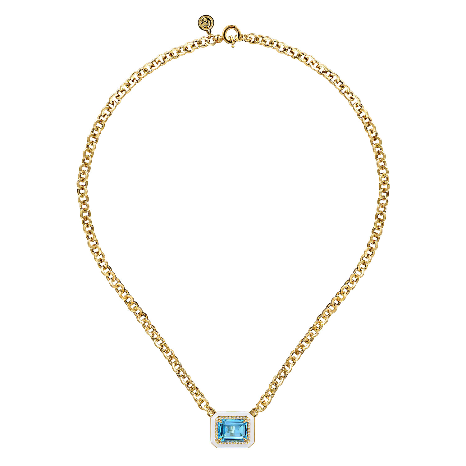 Enamel - 14K Yellow Gold Diamond and Blue Topaz Necklace With Flower Pattern J-Back and White Enamel