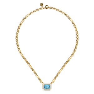 Enamel - 14K Yellow Gold Diamond and Blue Topaz Necklace With Flower Pattern J-Back and White Enamel