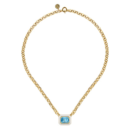 Enamel - 14K Yellow Gold Diamond and Blue Topaz Necklace With Flower Pattern J-Back and White Enamel