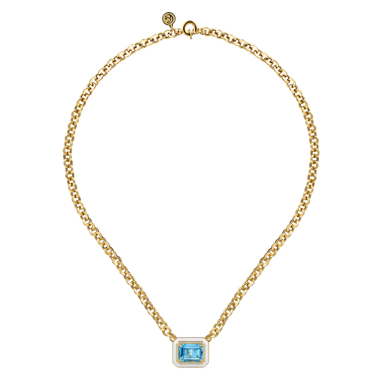 Enamel - 14K Yellow Gold Diamond and Blue Topaz Necklace With Flower Pattern J-Back and White Enamel - 0.19 ct - Shot 2