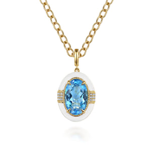 Enamel - 14K Yellow Gold Diamond and Blue Topaz Oval Shape Necklace With Flower Pattern J-Back and White Enamel