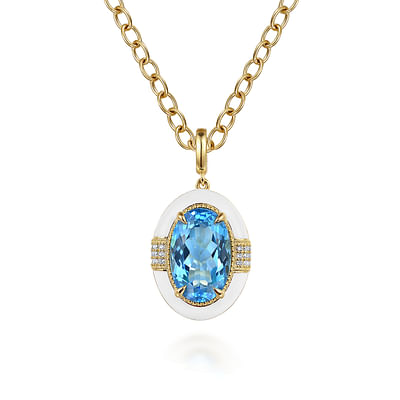Enamel - 14K Yellow Gold Diamond and Blue Topaz Oval Shape Necklace With Flower Pattern J-Back and White Enamel