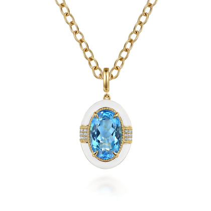 Enamel - 14K Yellow Gold Diamond and Blue Topaz Oval Shape Necklace With Flower Pattern J-Back and White Enamel
