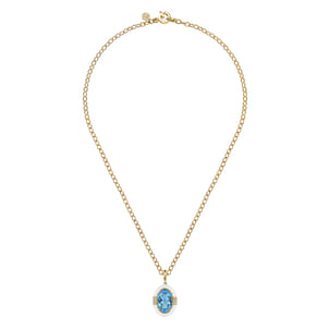 Enamel - 14K Yellow Gold Diamond and Blue Topaz Oval Shape Necklace With Flower Pattern J-Back and White Enamel