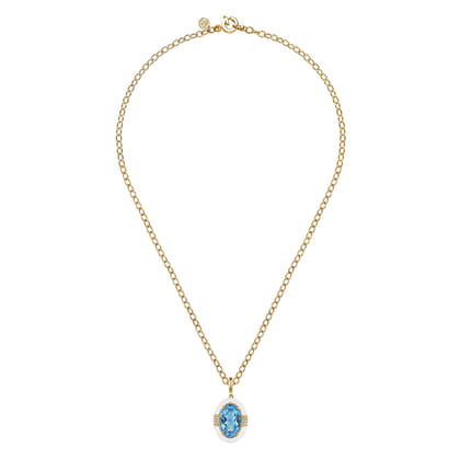 Enamel - 14K Yellow Gold Diamond and Blue Topaz Oval Shape Necklace With Flower Pattern J-Back and White Enamel