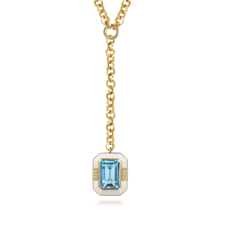 Enamel - 14K Yellow Gold Diamond and Blue Topaz Y-Layer Necklace With Flower Pattern J-Back and White Enamel - 0.14 ct - Shot 1
