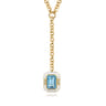 Enamel - 14K Yellow Gold Diamond and Blue Topaz Y-Layer Necklace With Flower Pattern J-Back and White Enamel - 0.14 ct