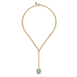 Enamel - 14K Yellow Gold Diamond and Blue Topaz Y-Layer Necklace With Flower Pattern J-Back and White Enamel