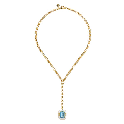 Enamel - 14K Yellow Gold Diamond and Blue Topaz Y-Layer Necklace With Flower Pattern J-Back and White Enamel