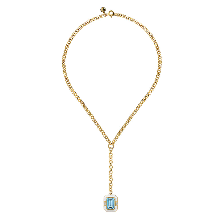 Enamel - 14K Yellow Gold Diamond and Blue Topaz Y-Layer Necklace With Flower Pattern J-Back and White Enamel - 0.14 ct - Shot 2