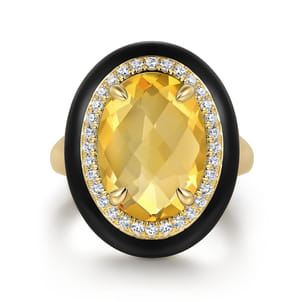 Enamel - 14K Yellow Gold Diamond and Citrine Cocktail Ring with Black Enamel