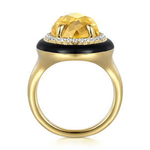 Enamel - 14K Yellow Gold Diamond and Citrine Cocktail Ring with Black Enamel