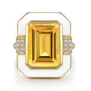 Enamel - 14K Yellow Gold Diamond and Citrine Cocktail Ring with White Enamel