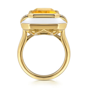 Enamel - 14K Yellow Gold Diamond and Citrine Cocktail Ring with White Enamel