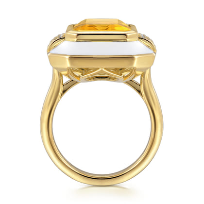 Enamel - 14K Yellow Gold Diamond and Citrine Cocktail Ring with White Enamel