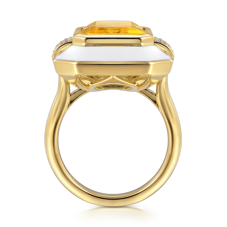 Enamel - 14K Yellow Gold Diamond and Citrine Cocktail Ring with White Enamel - 0.14 ct - Shot 2