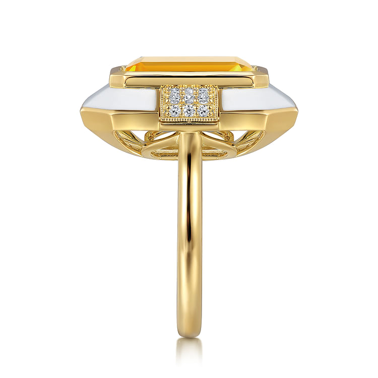 Enamel - 14K Yellow Gold Diamond and Citrine Cocktail Ring with White Enamel