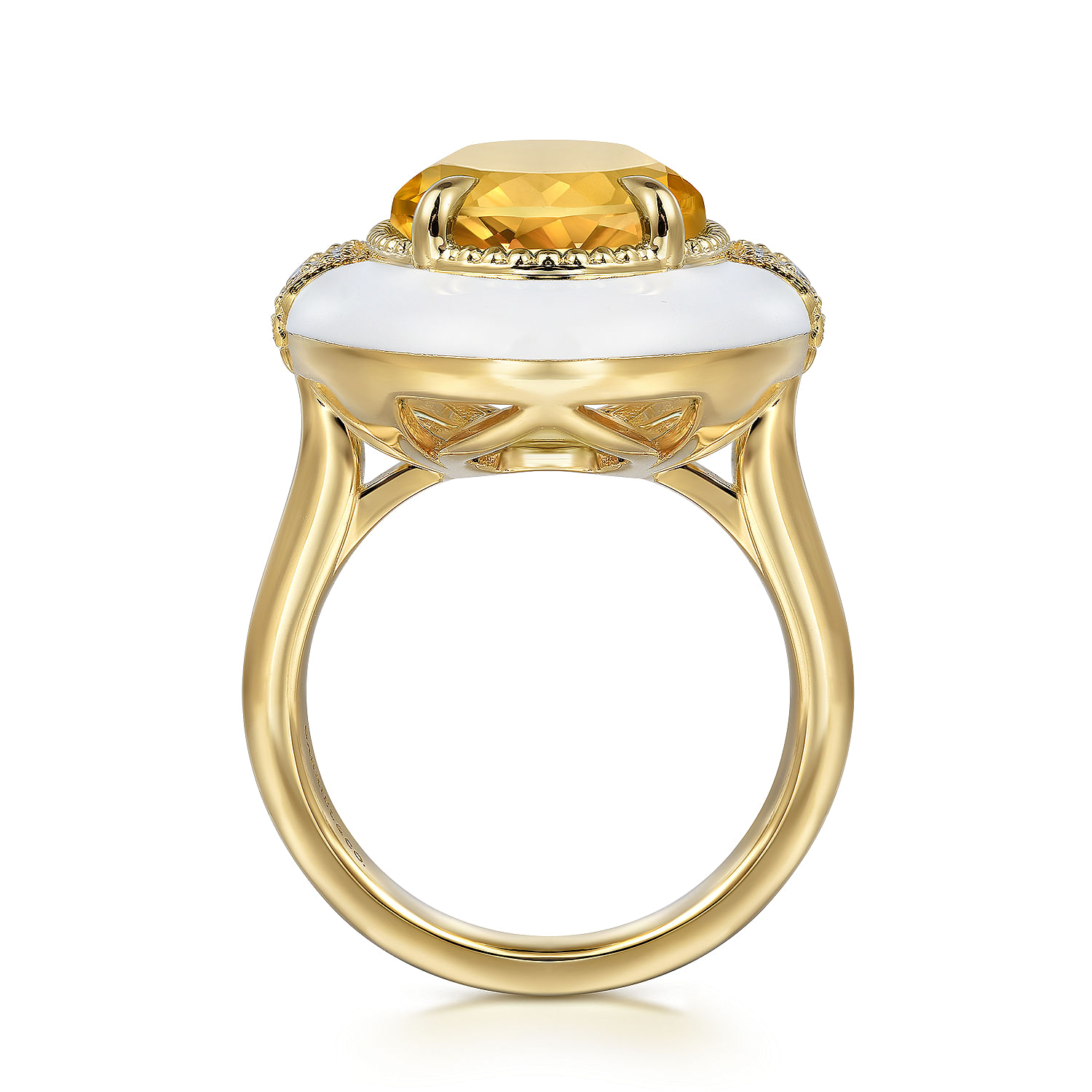 Enamel - 14K Yellow Gold Diamond and Citrine Cocktail Ring with White Enamel - 0.14 ct - Shot 2