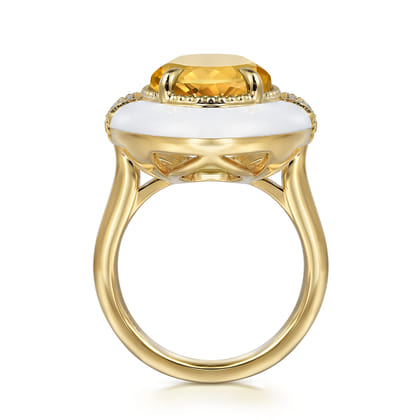 Enamel - 14K Yellow Gold Diamond and Citrine Cocktail Ring with White Enamel