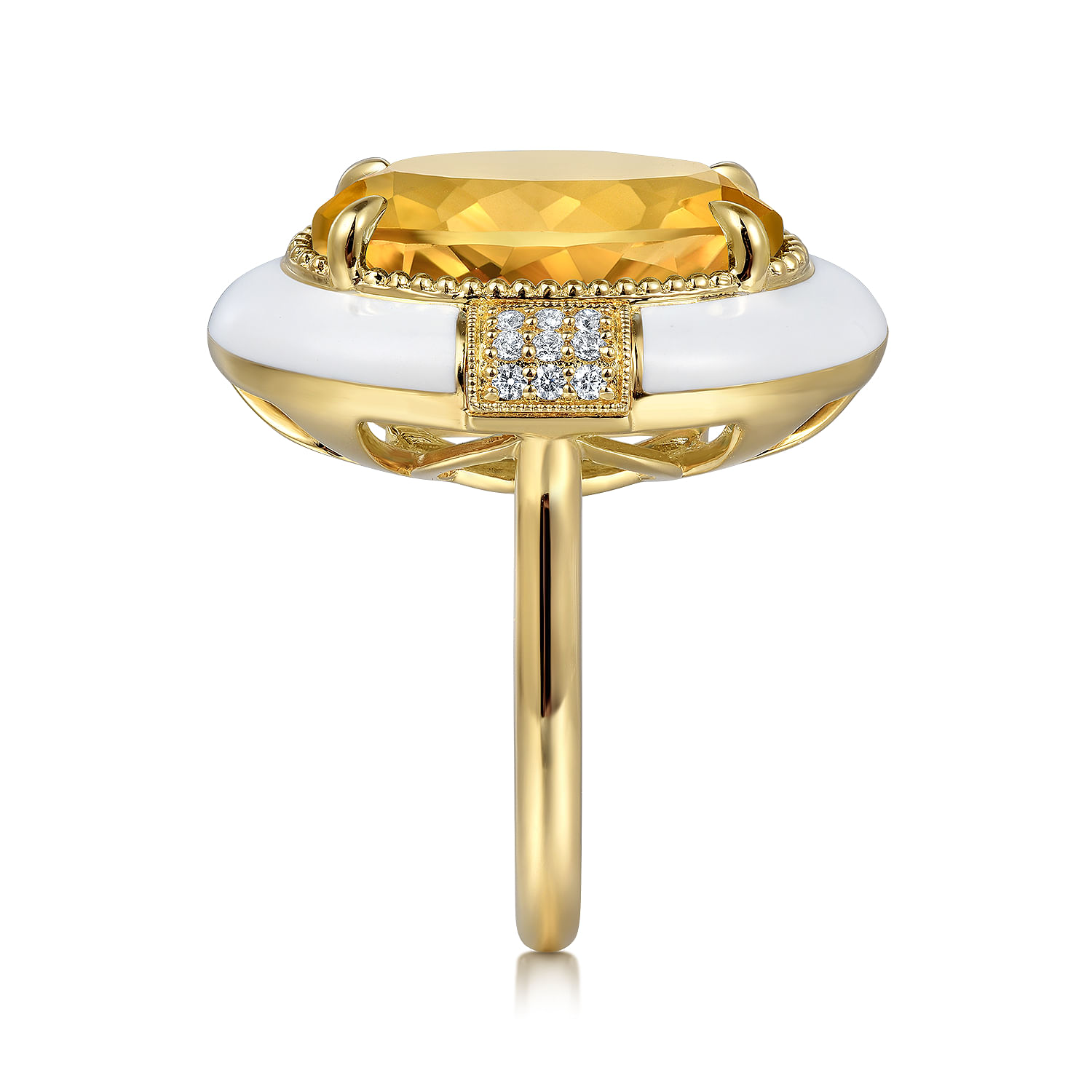 Enamel - 14K Yellow Gold Diamond and Citrine Cocktail Ring with White Enamel - 0.14 ct - Shot 4
