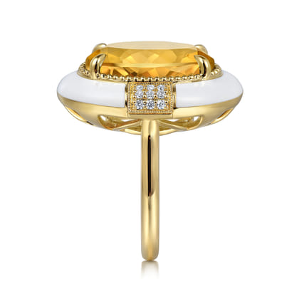 Enamel - 14K Yellow Gold Diamond and Citrine Cocktail Ring with White Enamel