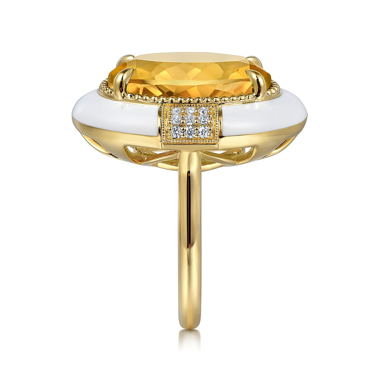 Enamel - 14K Yellow Gold Diamond and Citrine Cocktail Ring with White Enamel