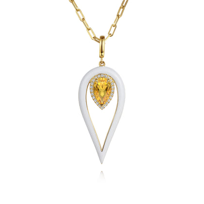 Enamel - 14K Yellow Gold Diamond and Citrine Long Pear Shape Drop Necklace With White Enamel
