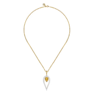 Enamel - 14K Yellow Gold Diamond and Citrine Long Pear Shape Drop Necklace With White Enamel