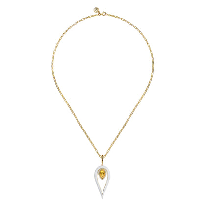 Enamel - 14K Yellow Gold Diamond and Citrine Long Pear Shape Drop Necklace With White Enamel
