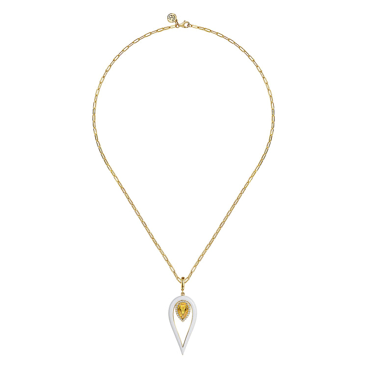 Enamel - 14K Yellow Gold Diamond and Citrine Long Pear Shape Drop Necklace With White Enamel