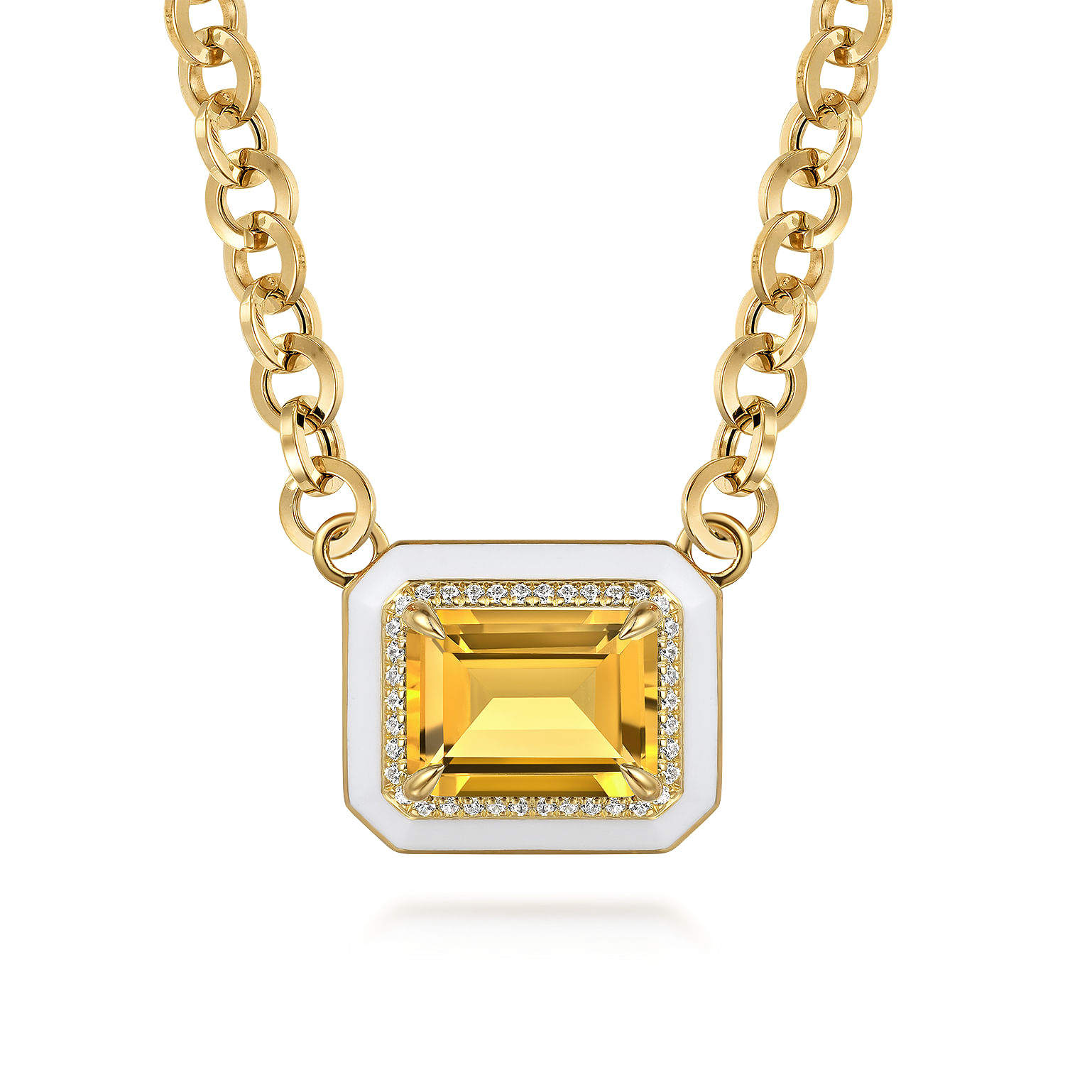 Enamel - 14K Yellow Gold Diamond and Citrine Necklace With Flower Pattern J-Back and White Enamel