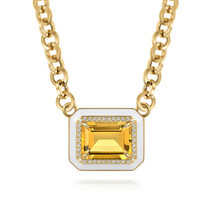 Enamel - 14K Yellow Gold Diamond and Citrine Necklace With Flower Pattern J-Back and White Enamel