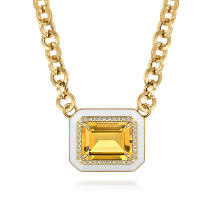 Enamel - 14K Yellow Gold Diamond and Citrine Necklace With Flower Pattern J-Back and White Enamel
