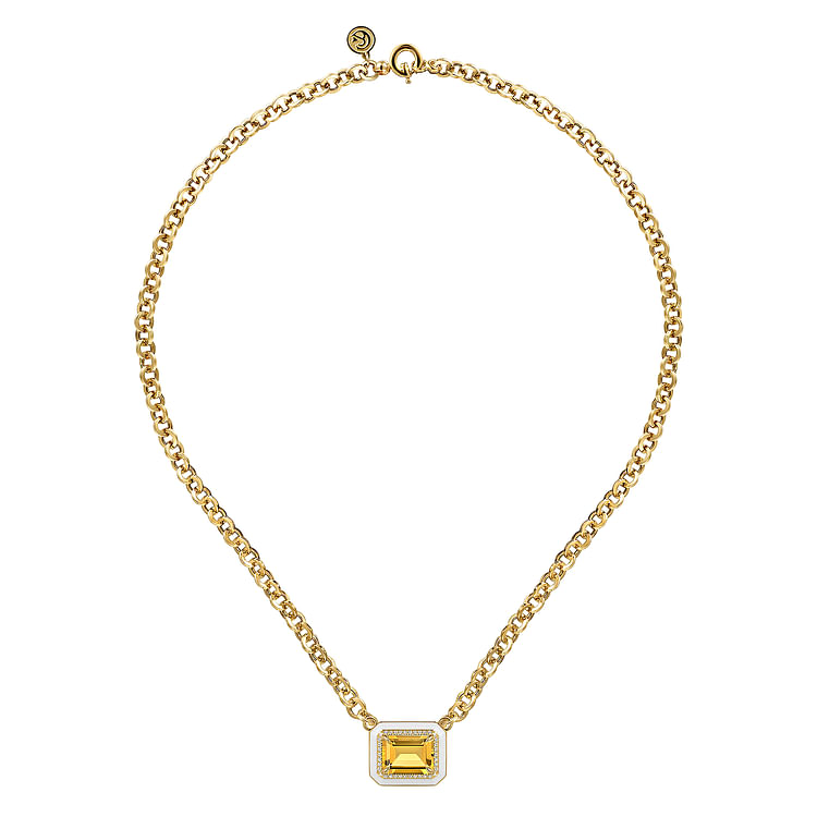 Enamel - 14K Yellow Gold Diamond and Citrine Necklace With Flower Pattern J-Back and White Enamel