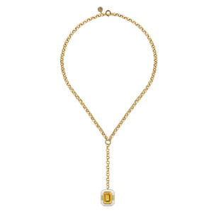 Enamel - 14K Yellow Gold Diamond and Citrine Y-Layer Necklace With Flower Pattern J-Back and White Enamel