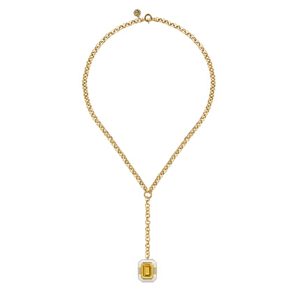 Enamel - 14K Yellow Gold Diamond and Citrine Y-Layer Necklace With Flower Pattern J-Back and White Enamel