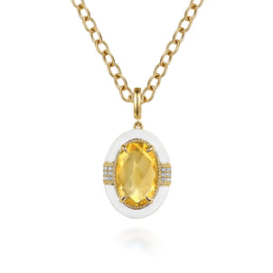 Enamel - 14K Yellow Gold Diamond and Citrine Y-Layer Necklace With Flower Pattern J-Back and White Enamel