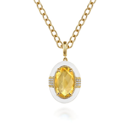 Enamel - 14K Yellow Gold Diamond and Citrine Y-Layer Necklace With Flower Pattern J-Back and White Enamel