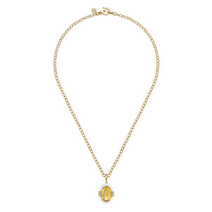 Enamel - 14K Yellow Gold Diamond and Citrine Y-Layer Necklace With Flower Pattern J-Back and White Enamel