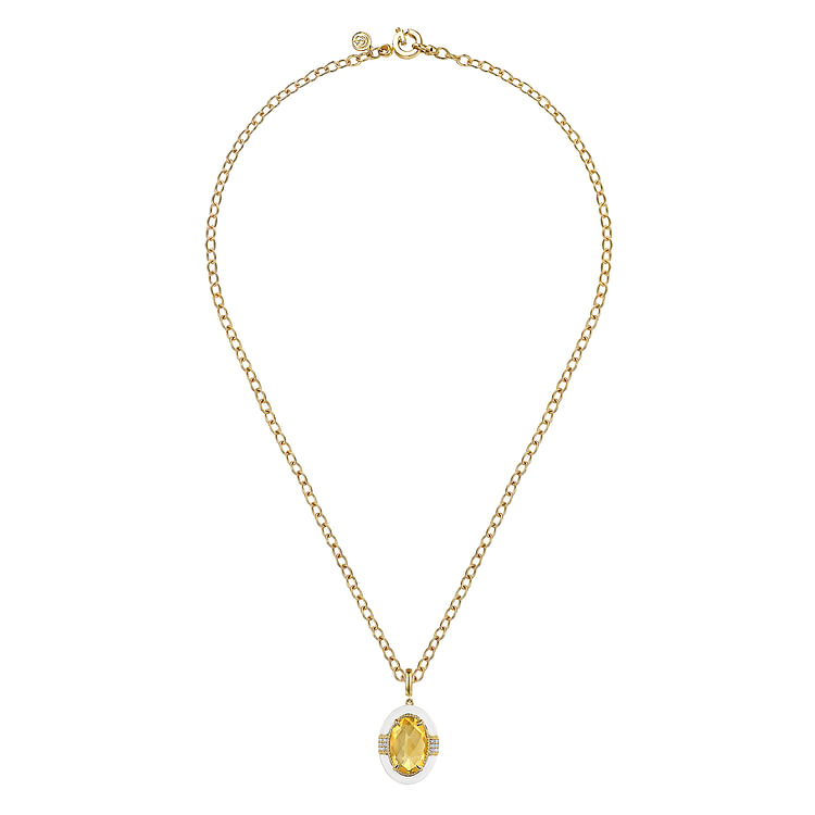 Enamel - 14K Yellow Gold Diamond and Citrine Y-Layer Necklace With Flower Pattern J-Back and White Enamel