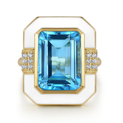 Enamel - 14K Yellow Gold Diamond and Emerald Cut Blue Topaz Fashion Ring With White Enamel